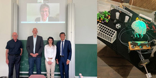 Collage aus Frau Dargahi Nobari mit dem Prüfungsausschuss sowie dem Doktorhut